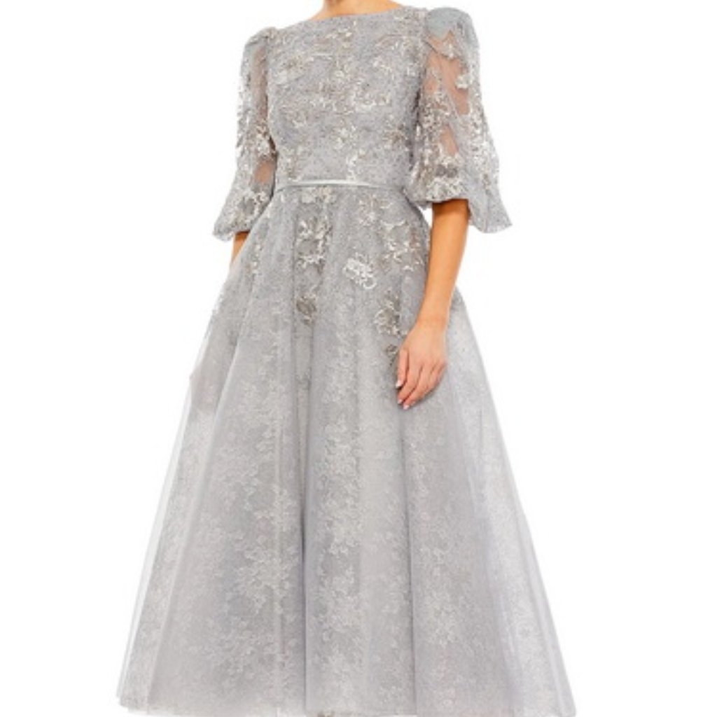Mac Duggal Platinum Silver Embellished Tulle Cocktail Dress